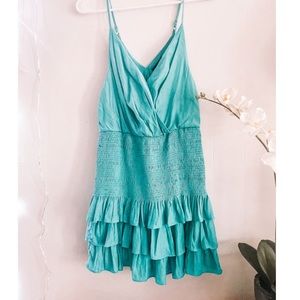 Teal Strappy Mini Dress with Smocking and Tiers